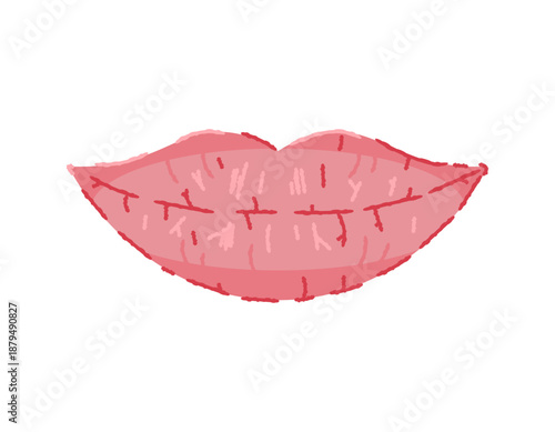 illustration of dry and chapped lips. Lip health problems. Loss of moisture. Flat style illustration with outline crayons. Symbol, sticker, clip art, element. White background.