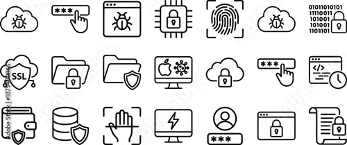 Cybersecurity and digital protection icon set in thin line style, malware threats, secure access, cloud safety, encryption, and data privacy.