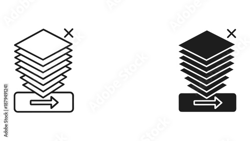 Stack of papers with arrow and cross symbol