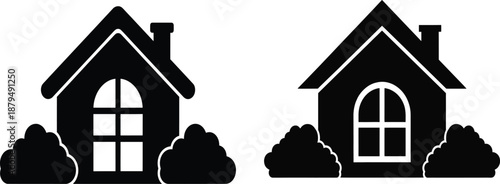 Simple silhouette houses with windows and bushes Vector