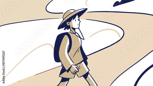 Young Adventurer With Backpack Walks Down Winding Path
