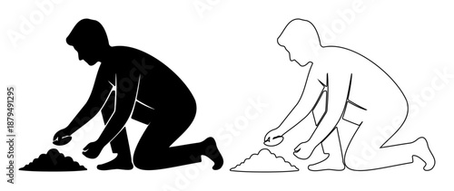 Holi Man silhouette planting seeds in soil gardening