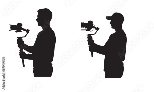Two silhouettes of men holding camera stabilizers and gimbals