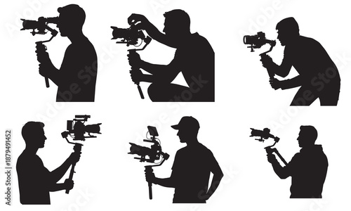 Silhouettes of men actively engaged in filming with camera stabilizers.