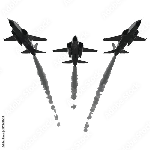 Three fighter jets performing aerial maneuvers with smoke trails isolated on white background