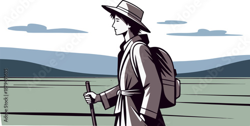 Woman Hiker With Backpack and Walking Stick Trekking Through Landscape