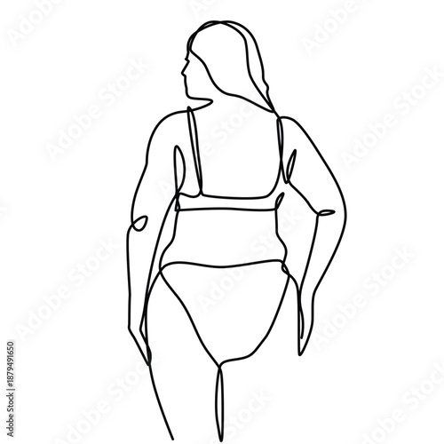 Woman in bikini back view one line drawing. Woman in bikini back view single line illustration. Woman in bikini back view minimalist line art. Woman in bikini back view vector art