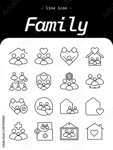 Family thin line icon set. Parents, children, home life outline icons.