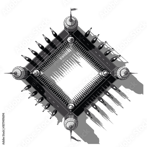 Top view of a stylized medieval fortification or castle structure with turrets and spikes, abstract geometric design