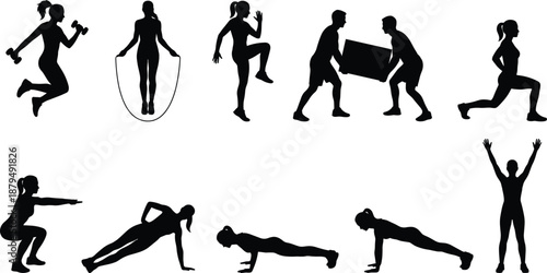 Collection of female fitness silhouette exercises including cardio, jumping, lunges, squats, push-ups, and stretching for workout, training, health, sports, and active lifestyle design projects.