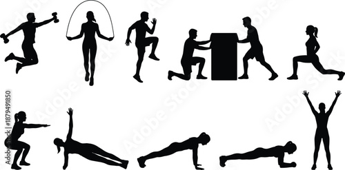 Collection of male and female fitness silhouette exercises including cardio, strength, stretching, jumping, and push-ups for workout, gym training, sports health, and active lifestyle design projects.