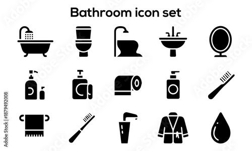 Modern minimalist black flat vector bathroom icon set featuring bathtub toilet sink mirror toothbrush soap and personal hygiene accessories
