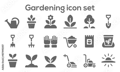 Large collection of flat grey gardening icons for landscaping agriculture plant care backyard maintenance horticulture projects and organic farming
