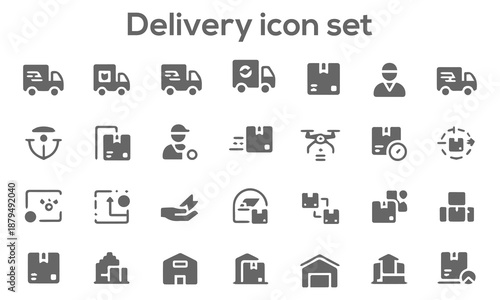 Large collection of gray flat delivery icons for logistics shipping ecommerce supply chain management warehouse tracking and transportation services
