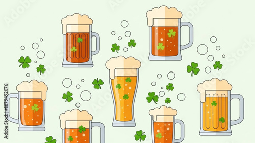 St. Patricks Day Beer Glasses with Shamrocks and Bubbles