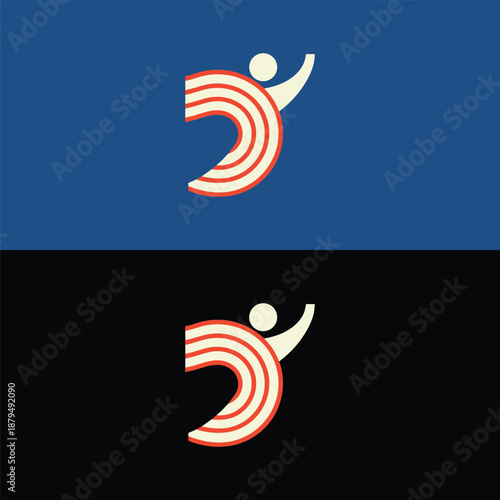 A celebratory abstract logo features a person with uplifted arm, integrated with flowing red and white curved lines, symbolizing joy and community.
