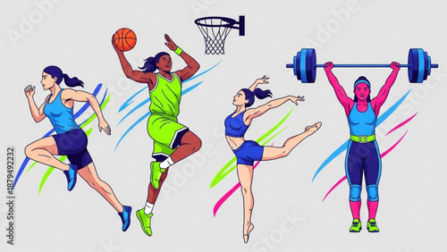 Female Athletes Exercising with Basketball, Weights, and Dance Moves