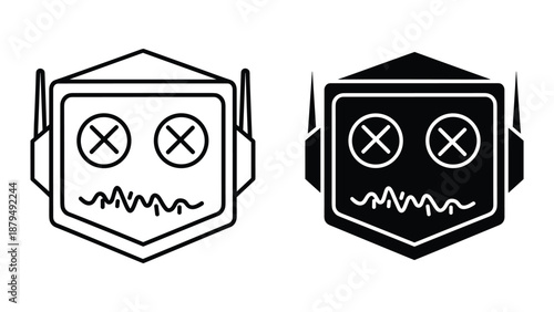 Dead robot face icon set in black and white