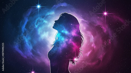 Woman Silhouette with Glowing Blue and Pink Nebula Background