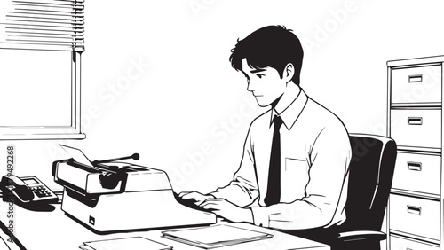 Man Typing on Vintage Typewriter in Office