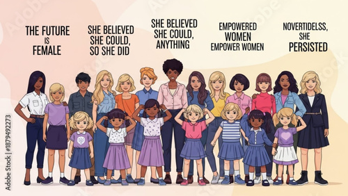 Diverse Group of Women and Girls Standing Together in Empowerment Illustration