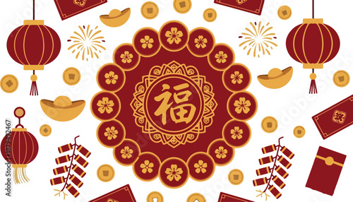 Chinese New Year Symbols - Red and Gold Celebration Pattern