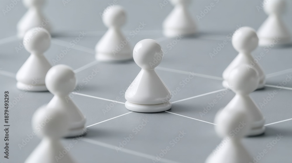 Obraz premium Abstract White Pawns on a Gray Surface Representing a Network of Interconnected Elements in a Strategic Pattern