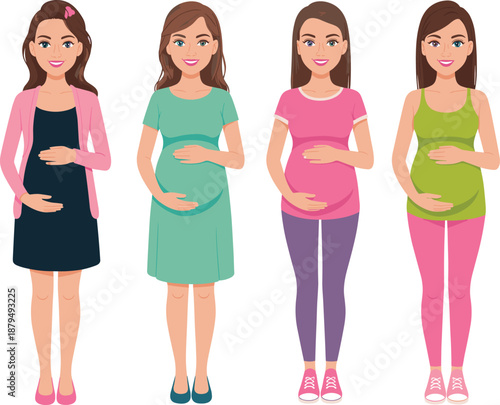 Pregnant women illustration showing different maternity outfits and pregnancy stages, healthy motherhood concept, prenatal care, female body changes