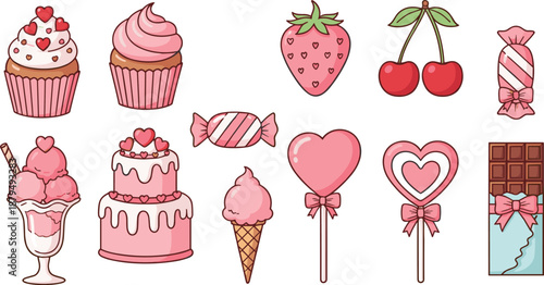 Cute pink desserts and sweets vector set with cupcakes candies ice cream fruits and chocolate