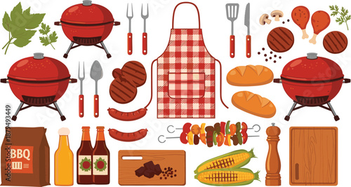 Barbecue grilling vector set with BBQ equipment meat vegetables bread sauces and outdoor cooking accessories