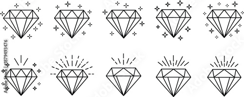 Diamond icon set with sparkling gem symbols, luxury jewelry illustrations, and decorative shine elements in minimal black outline vector style