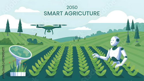 Robot inspecting crops in a smart agriculture field with drone farming