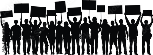 Protest crowd silhouette holding blank signs, representing demonstration, activism, freedom of speech, social movement, and public rally concept illustration
