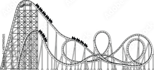 Roller coaster illustration featuring dramatic drops, loops, and twists, representing amusement park thrill ride excitement in detailed black and white vector style