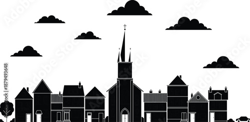 Village skyline silhouette with church steeple, houses, clouds, and trees, representing quiet townscape architecture in minimal black vector style
