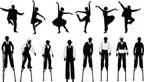 Vintage dance silhouette set featuring ballet, jazz, and swing performers with expressive poses for theatrical performance illustration artwork design
