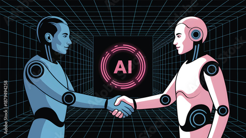 Two robots shaking hands with AI artificial intelligence handshake futuristic