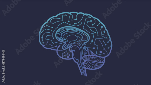 Blue brain with circuit board details on dark background human brain technology