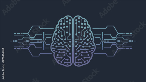 Brain with circuit board in shades of blue and purple on dark background computer chip