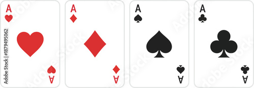 Four playing cards. Playing card suits icon set. Vector isolated on white.
Four Aces Playing Cards Illustration Poker Casino Card Set.