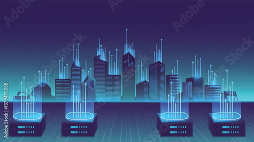 Futuristic cityscape with servers and data transmission towers, blue color scheme, and technology