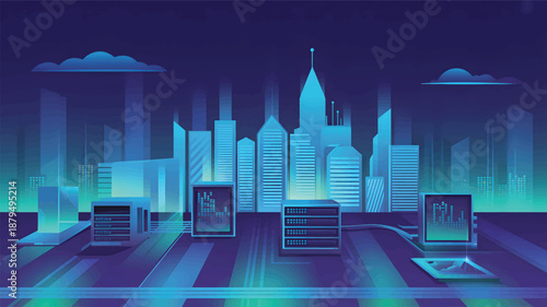 Futuristic cityscape with computers and servers at night, a laptop