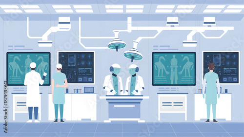 Operating room with surgeons and medical staff around operating table hospital