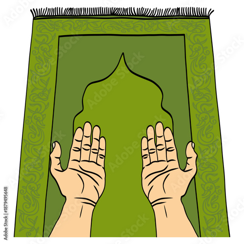 Hands Praying in Sajadah Prayer Mat Rug Illustration