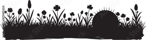 Black silhouette of flowers and grass on white background