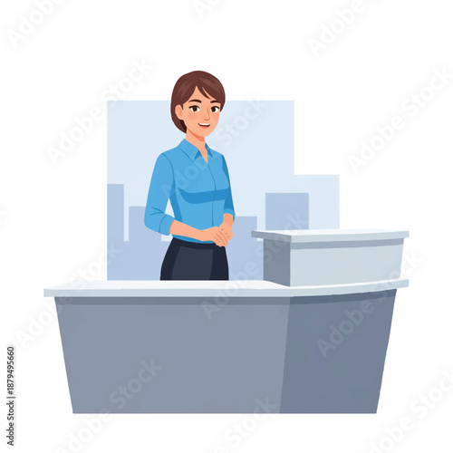 A cheerful businesswoman standing confidently behind a reception desk in a cartoon-style illustration with a clean and modern aesthetic.