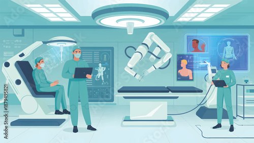 Robotic surgery room with doctors and medical equipment operating room hospital
