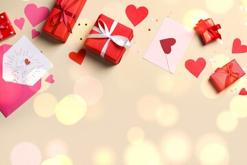 Envelopes with gifts and paper hearts on beige background with space for text. Valentine's day celebration