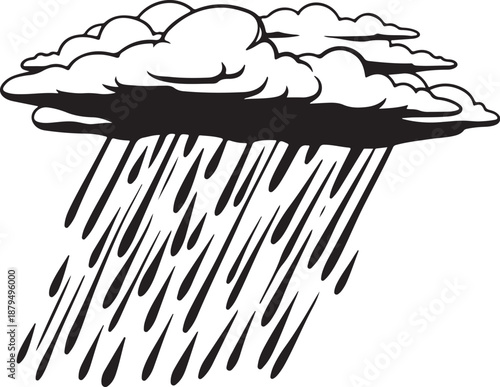 Black and white illustration of rain cloud pouring rain