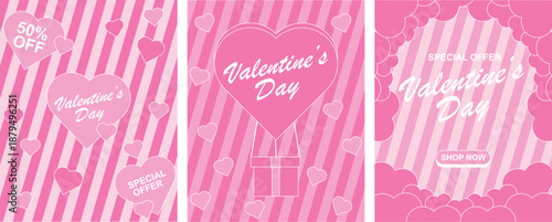 Valentine Day themed design with pink color, heart illustrations, and a cute romantic style, suitable for social media promotion or sale posters.

